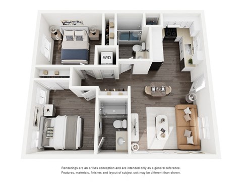 Floor plan for 2 beds, 2 baths, 748 sqft